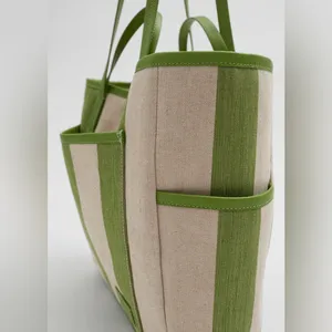 NWT & OTHER STORIES Green Canvas Leather Trim Large Tote Bag thumbnail 4