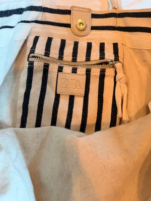Zara Oversized Striped Canvas Tassel Tote Bag Cream Black Coastal Beach thumbnail 2