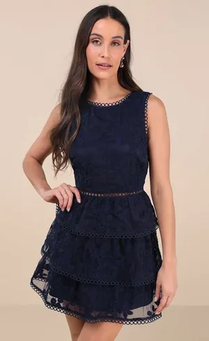 NWT Lulus Look So Sweet Navy Blue Embroidered Lace Mini Dress Cocktail Size S thumbnail 1