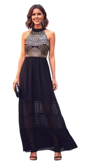 B. Darlin Maxi Dress Womens 6 Black Halter Beaded Chiffon Prom Formal Gown thumbnail 1