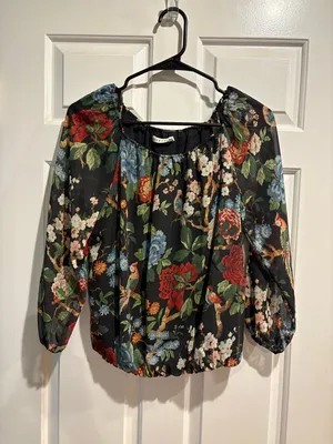 Alice + Olivia Alta Peasant Blouse top black floral birds sz S romance boho thumbnail 2