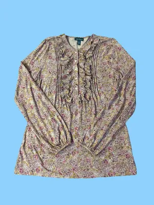 Lauren Ralph Lauren Womens M Paisley Floral Ruffle Blouse 100% Cotton Used thumbnail 3