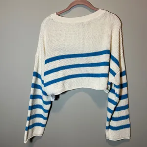 Zara Women's Medium Striped Cropped Knit Sweater Blue Cream Long Sleeve Boxy Fit thumbnail 5