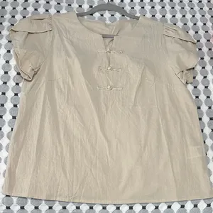 Beige Short Sleeve Blouse with Button Accents Tan Size L thumbnail 1