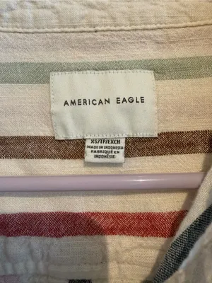 American Eagle Outfitters Striped Button-Down Shirt in Cream, Red & Blue thumbnail 3