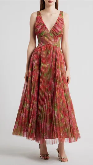 Hutch Eliana Floral Pleated Gown Red Olive Watercolor NWT Size 4 thumbnail 1