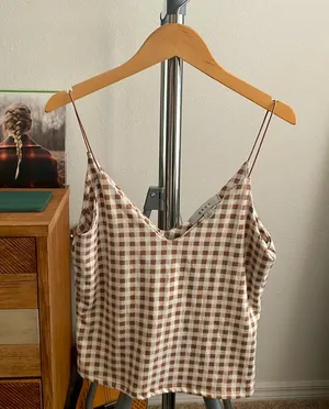 Brown and cream checkered print top thumbnail 1