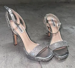 Y2K Silver Steve Madden diamond open toe high heels with sparkles, diamond strap thumbnail 1
