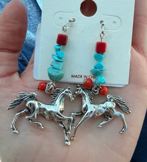 Silver Western Cowgirl Horse Drop Earrings with Turquoise and Coral Stone Beads thumbnail 1
