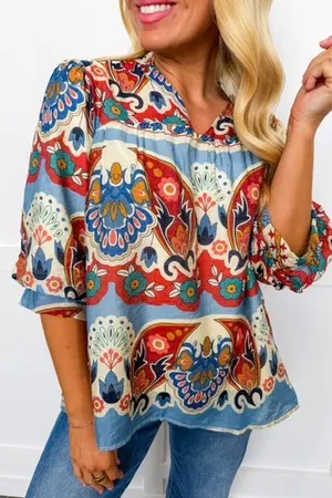 Umgee Bohemian Puff Sleeve Patterned Colorful V-Neck Blouse thumbnail 1