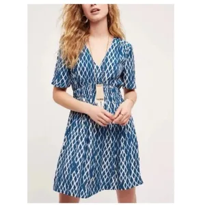 Anthropologie HD IN PARIS Blue White Diamond Printed Smocked Mini Dress Size 4 thumbnail 2