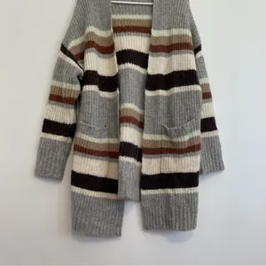 A NEW DAY Striped Open Front Cardigan Gray Cream Tan Brown Long Heavy Sweater M thumbnail 4