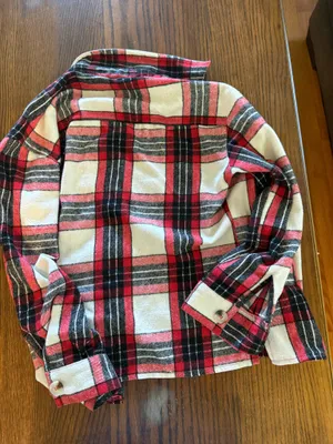 Kendall + Kylie Red Plaid Cropped Flannel Shacket Size Medium thumbnail 3