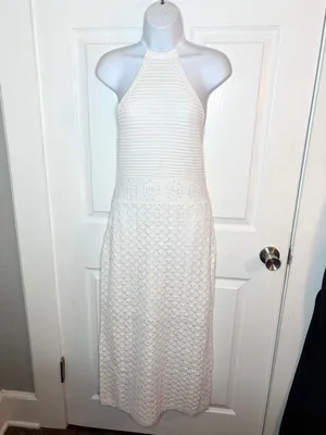 Frye Textured Knit Bright White Crochet Halter Midi Dress Sweater Dress M NWT thumbnail 3