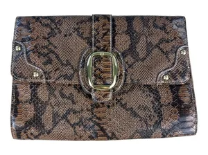 Brown Snake Print Vegan Leather Envelope Clutch Bag Gold Buckle Accent Mob Wife thumbnail 1