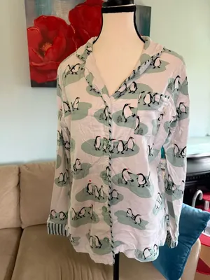 Munki Munki White Mint Green Penguin PJ Top Size M Medium Flannel thumbnail 2
