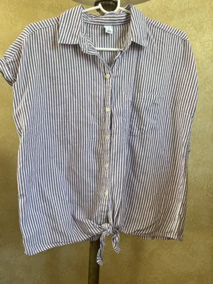 Old Navy Lavender & White Striped Button-Front Tie Blouse thumbnail 2