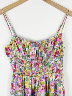 ASTR the‎ Label Floral Satin Smocked Tie Front Midi Dress thumbnail 4