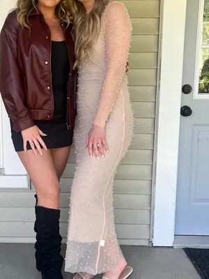 Sheer Beaded Long Sleeve Maxi Dress in Nude/Pearl thumbnail 4