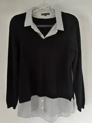 Adrianna Papell Women’s M Black Layered Look Polka Dot Collared Sweater Top thumbnail 3