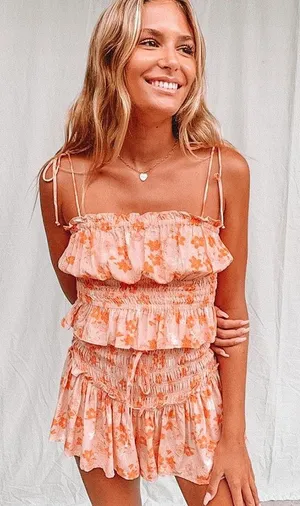 Floral Ruffle Smocked Pink-Orange Set thumbnail 1