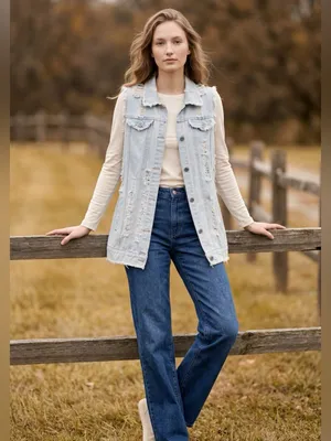 Distressed Denim Vest Womens Medium Long Length Western Cowgirl Rodeo Festival thumbnail 6