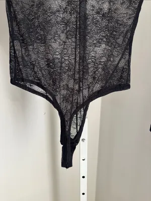 Anthropologie Deep V-Neck Lace Black Sheer Long Sleeve Bodysuit Size Small Layer thumbnail 5
