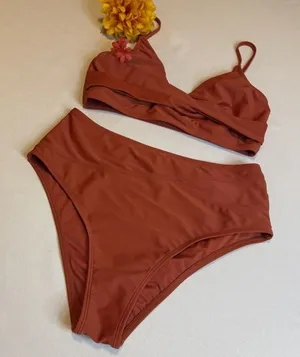 Cupshe Rust Solid Twist Top Spliced High Waist Bikini Set 2 Piece Swimwear Large thumbnail 1