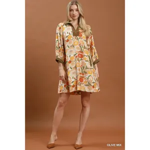 Umgee Mix Floral Contrast Trim Shift Mini Dress - Olive Mix - Medium thumbnail 4