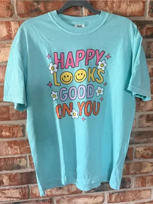 Comfort Colors Aqua 'Happy Looks Good On You' Graphic Tee thumbnail 1