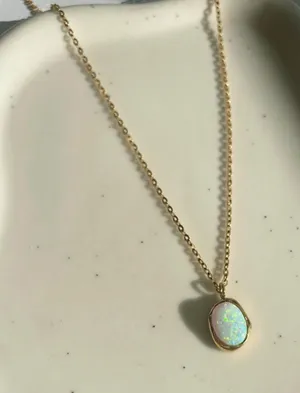 Oval Opal Necklace – Gold Plated Stainless Steel Chain thumbnail 1