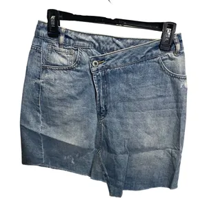 Puella Denim Light Wash M Asymmetric Crossover Waist Raw‎ Hem Mini Skirt NWT thumbnail 1