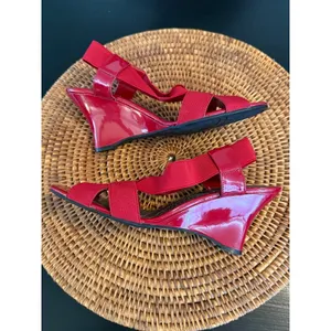 Dexflex by Dexter‎ Women Red Patent Wedge Sandals Elastic Cross Strap Slingback thumbnail 7