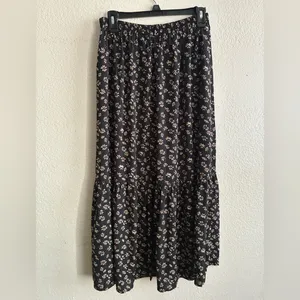 Catch Stitch Floral Print High Waist Frill A Line Flared Long Black Skirt M thumbnail 5