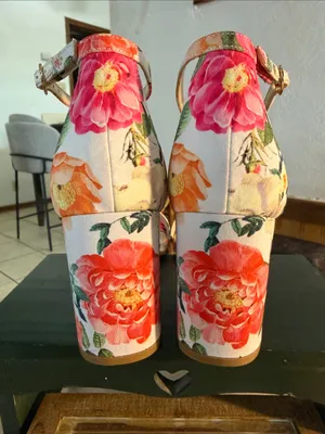 Nine West Floral Open-Toe Ankle-Strap Block Heels in Pink and Green thumbnail 5