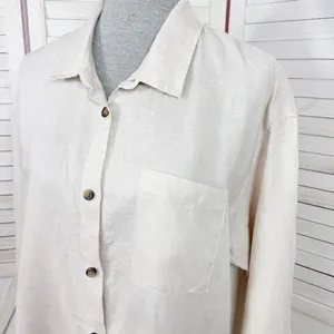 H&M Home Linen Button Up Shirt Dress Beige‎ Tan Medium Long Sleeve Beach thumbnail 5
