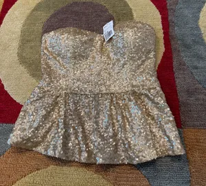 NWT Forever 21 Gold Sequin Peplum Strapless Tube Top Padded Junior’s Size Small thumbnail 1