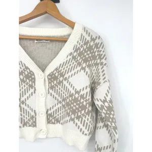 Hollister Button Cardigan Sweater Women XS Plaid Cropped Preppy Academia Neutral thumbnail 2