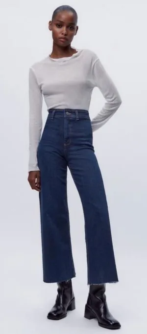 Zara marine wide jeans feature a dark indigo wash and a raw, cropped hem SZ6 EUC thumbnail 1