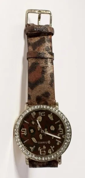 Adrienne Leopard‎ Print Quartz Watch With Rhinestone Bezel & Leather Band thumbnail 1