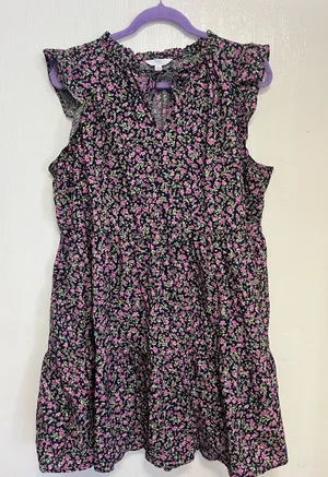 Time and Tru Black Floral Tiered Midi Dress with Pink and Green Print thumbnail 1