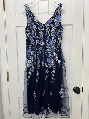 Alex Evenings Navy Floral Embroidered V-Neck Midi Dress - Size 10 thumbnail 9
