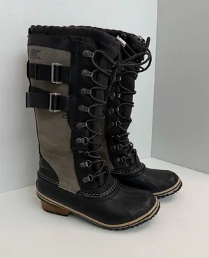 Sorel Boots Conquest Carly Leather Tall Lace Up Buckles Moto Olive Green Black thumbnail 1