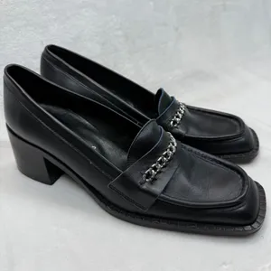 Free People Hayden Black Leather‎ Heeled Loafers Chain Accent Size 41 US 10 thumbnail 4