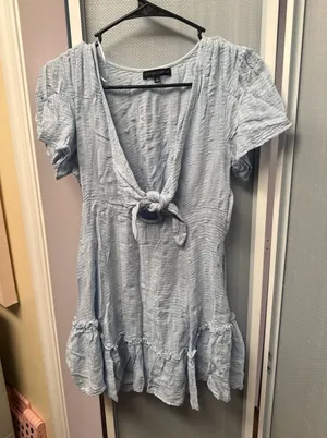 Cotton Candy LA Light Blue Flutter Sleeve Tie-Front Tiered Mini Dress thumbnail 1