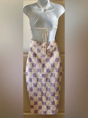 Anthropologie FORE‎ COLLECTION Lilac/Cream Checkered Crochet Halter Dress Autumn Wedding Guest thumbnail 3
