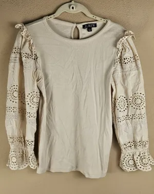 J Crew Womens Vintage Rib Ruffle Trim Eyelet Top Small thumbnail 1