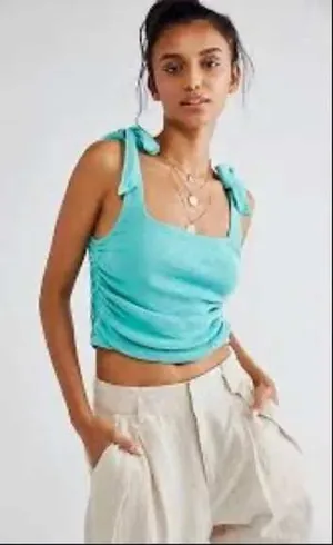 Free People Crop Top Womens Small Mint‎ Green Tie Shoulder Ruched Ribbed Boho thumbnail 1
