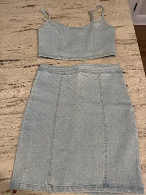 NanaMacs Denim Rhinestone Skirt Set thumbnail 1