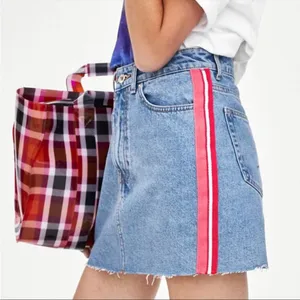 ZARA Authentic Denim TRF Womens Size Small Blue Denim Jean Skirt Red Stripe Mini thumbnail 4
